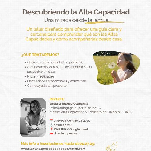 Psikopedagogoa eta gizarte hezitzailea. Semilla Blanca – Hazi Zurian, gaitasun handiko haur eta familien laguntza eskaintzen dut, identifikazioa izan ala ez. Ikuspegi sistemikotik abiatuta, eskolarekin eta familiekin konektatuz, ongizatea eta garap